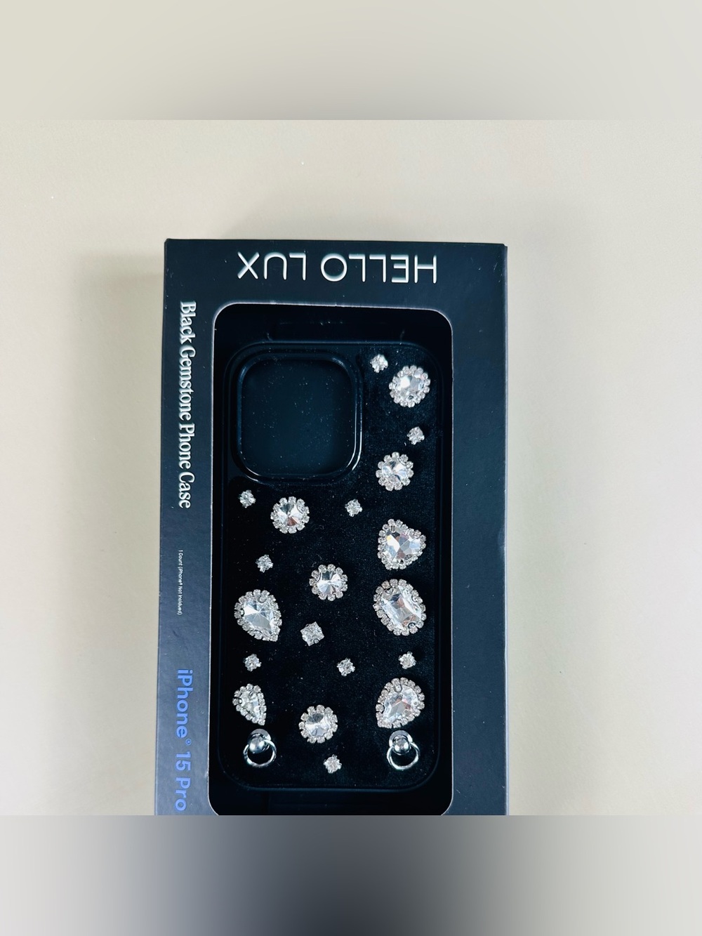 iPhone 15 Pro Black Crystal-Embellished Phone Case with Ring Attachments - Picture 2 of 6